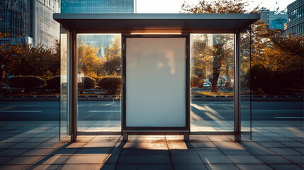 Urban bus stop with empty illuminated billboard, warm sunset light and city architecture in background, ideal outdoor mockup for poster or branding