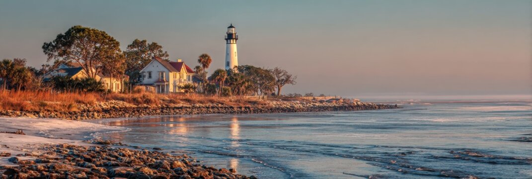 Dawn at St Simons Island: Majestic Lighthouse Illuminating the Coastline with Serenity