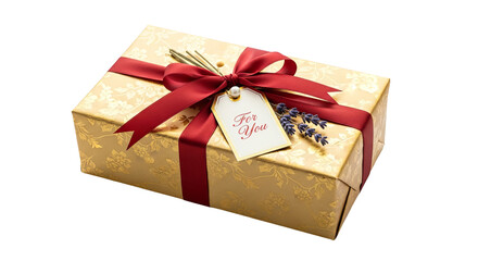 Obraz premium Wrapped present sits with red ribbon and a 'For You' tag, adorned with lavender sprigs.