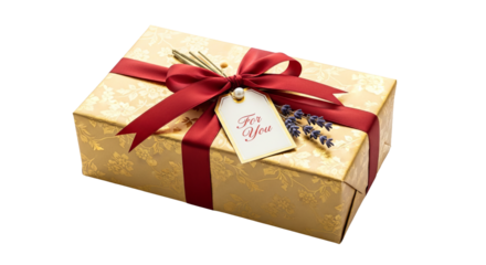 Wrapped present sits with red ribbon and a 'For You' tag, adorned with lavender sprigs.
