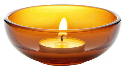 Lit candle in a brown glass bowl casting a warm glow light