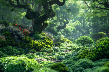 diverse forest landscape showcases a range of elements, including majestic trees, lush moss-covered rocks, and vibrant wildlife, all coming together to emphasize intricate beauty and complexity of eco