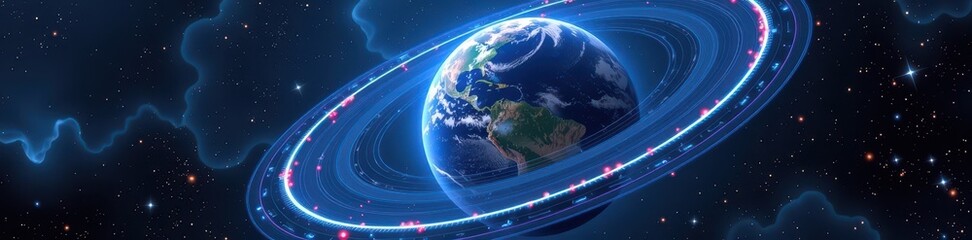 Ethereal blue radiation rings pulsate around Earth, a celestial jewel in deep space amidst distant stars and nebulae, science, pulsating