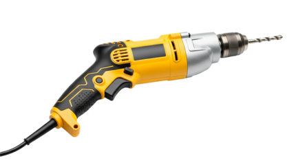 Yellow and silver drill presents itself prominently, with a bit attached, against a stark .
