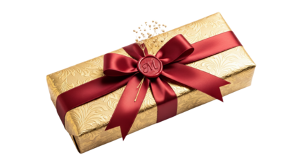 Wrapped rectangular gift with golden patterned paper tied with red satin ribbon and wax seal sits against background.