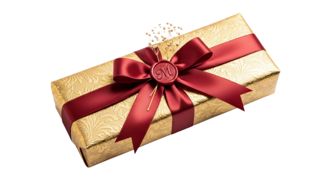 Wrapped rectangular gift with golden patterned paper tied with red satin ribbon and wax seal sits against background.