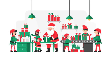 A vibrant flat design illustration of Santa and his dedicated elves in a bustling workshop, meticulously preparing and wrapping an abundance of Christmas gifts with joy.