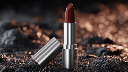 Close up view of lipstick tube with rich, dark red shade, elegantly positioned on textured surface. metallic casing reflects light, creating glamorous and sophisticated appearance