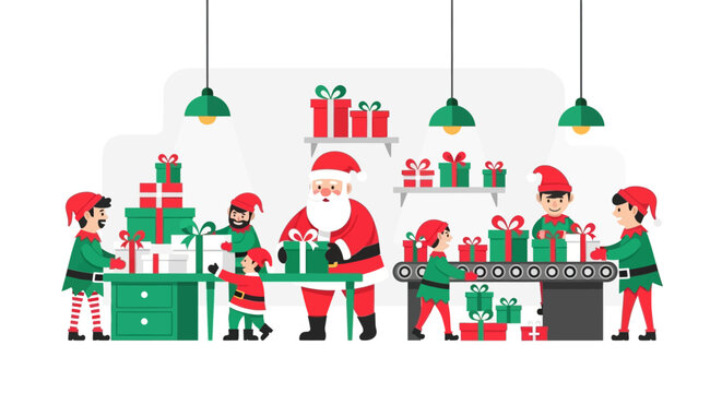 A vibrant flat design illustration of Santa and his dedicated elves in a bustling workshop, meticulously preparing and wrapping an abundance of Christmas gifts with joy.