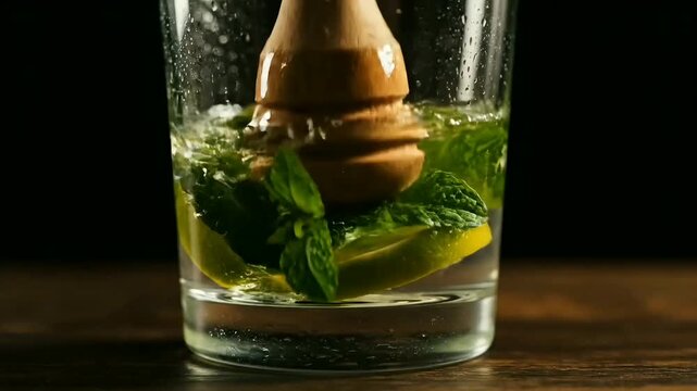 fresh mojito cocktail preparation muddling lime mint