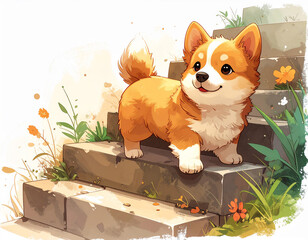 Corgi's sunny stroll ascending steps in garden setting