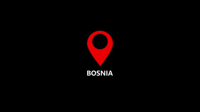 Location of the Country of Bosnia, sign animated with alpha channel, 4k video, and GPS location tracking icon