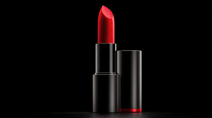 Fototapeta premium Luxurious red lipstick stands elegantly against dark background, showcasing its vibrant color and sleek design. This high quality cosmetic product is perfect for enhancing beauty and confidence