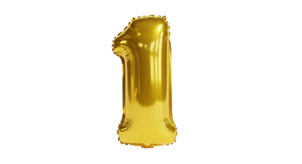 A golden number one balloon reflects light, showcasing a reflective surface against a stark background.