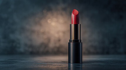 Vibrant red lipstick stands elegantly against softly blurred gray background, showcasing its smooth texture and glossy finish. lighting highlights lipstick rich color, evoking sense of luxury