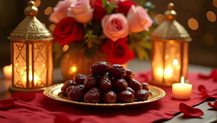 Golden plate of dates (kurma) on festive table with glowing candles, lanterns, flowers, elegant decorations - iftar celebration during ramadan, break the fast, muslim's fasting eid mubarak