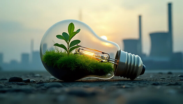 A lightbulb inside with glowing green plant, blurry industrial power plant at dusk - hope, growth, future, sustainability, renewable energy, nature ecology, eco-friendly technology