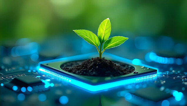 A vibrant green plant sapling growing from soil on glowing computer chip - hope, future, growth, nature, sustainability, agritech, environment, eco-friendly technology, ai, modern innovation
