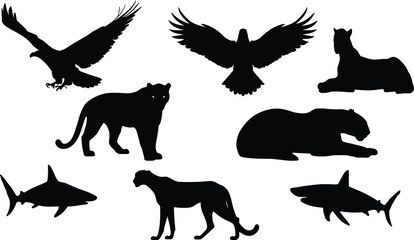 Apex Predator Silhouettes Vector Collection, Eagles, Leopards, and Sharks, Dynamic Wildlife, Air, Land, and Sea Fauna Icons.