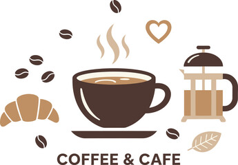 Coffee, croissant and French press vector illustration, perfect for cafe menu, logo, or banner design.