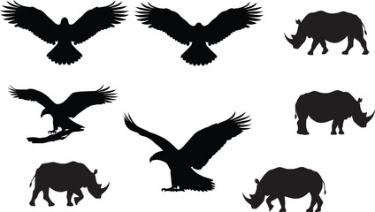 Contrasting Animal Silhouettes Vector Set, Majestic Eagles Flying and Powerful Rhinoceroses, Wildlife and Nature Graphic Icons.