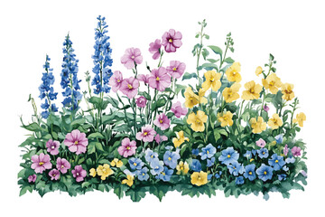Watercolor painting of a vibrant garden border with delphiniums watercolor illutrastion transparent background
