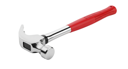 A shiny hammer with a red grip lies horizontally against a , showing the claw and head.
