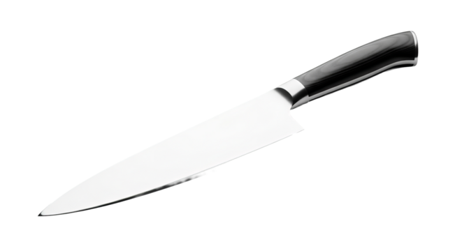 A shiny chef's knife is displayed diagonally with its sleek blade reflecting light against a stark background.