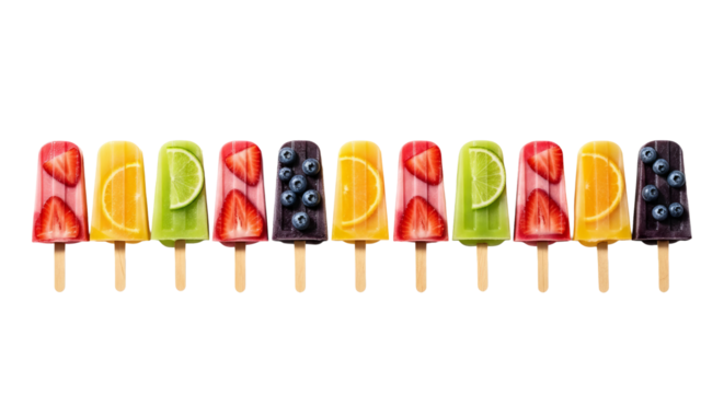 A row of colorful fruit popsicles is displayed on a background, each featuring different fruits like strawberries, oranges, limes and blueberries.