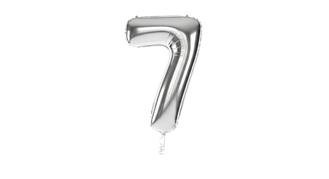 A shiny silver number seven balloon floats on a isolated background with curly ribbon.