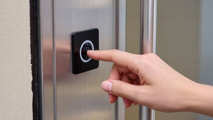 Naklejka premium Elevator button pressed by hand on matte metal panel with black round button and white ring, highlighting modern building, urban infrastructure, accessibility, and daily action