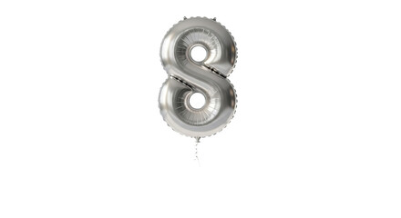 A silver number eight balloon floats prominently against a completely dark and featureless background.