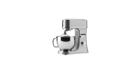 A silver stand mixer stands prominently, featuring a mixing bowl and whisk attachment on a isolated background.