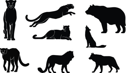 Diverse Predator Silhouettes Vector Collection, Leopard, Bear, Lion, and Howling Wolf Icons, African and North American Wildlife.