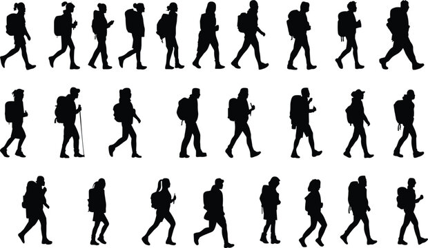 Diverse hiking and backpacking silhouette collection, featuring men and women with large rucksacks, walking and standing, perfect for adventure, travel, and outdoor graphics.