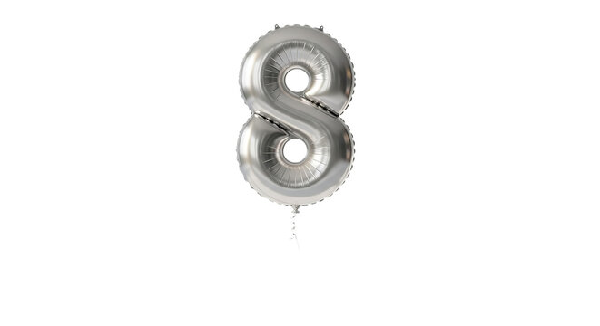 A silver number eight balloon floats prominently against a completely dark and featureless background.