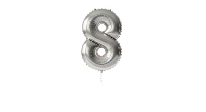 A silver number eight balloon floats prominently against a completely dark and featureless background.