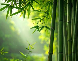 Lush green bamboo stalks in a misty forest