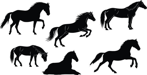 Dynamic Horse Silhouettes Vector Collection, Galloping Stallion, Mare, and Foal Icons in Various Poses, Farm and Wild.