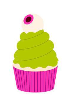 Funny Halloween cupcake PNG illustration with green frosting, candy eyeball. Perfect for spooky party invitations, bakery designs, recipes, festive decor, stickers and Halloween graphics. High-res PNG