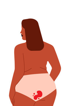 Body-positive plus size brown woman in underwear with menstrual blood stain. Vector illustration promoting menstrual health, womanhood, self-love and normalizing periods. High resolution PNG