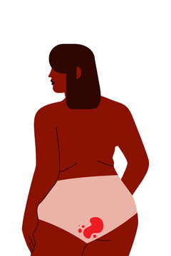 Body-positive plus size black, brown woman in underwear with period stain. Vector illustration promoting menstrual health, confidence, womanhood, self-love and normalizing periods. High resolution PNG