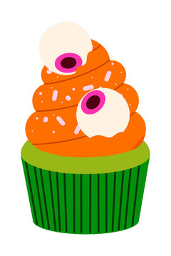Fun Halloween cupcake illustration with orange frosting, candy eyeballs, and green wrapper. Perfect for spooky party invitations, bakery designs, recipes, festive decor, and Halloween graphics. PNG