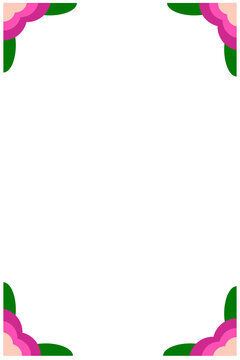 Decorative corner frame with pink layered flowers and green leaves. Floral border design in peach, magenta, and pink tones for invitations, cards, certificates, and spring celebration designs. PNG