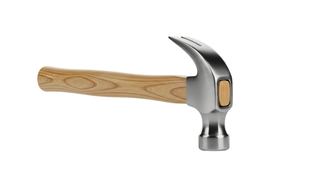 A steel hammer with a wooden handle is resting against a isolated background, seemingly floating.