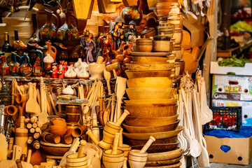 Traditional Wooden Crafts And Kitchenware At Kutaisi Market Georgia Showcasing Local Handicrafts And Folk Culture