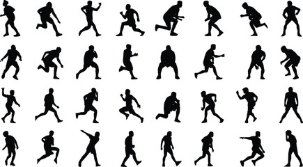 Large collection of sport and action silhouettes, featuring men in various dynamic running, jumping, and activity poses for fitness, athlete, and movement graphic design assets.