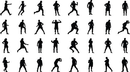 Large silhouette collection of men and women in various standing, walking, running, and dynamic poses, perfect for body language, fitness, and human motion graphic assets.