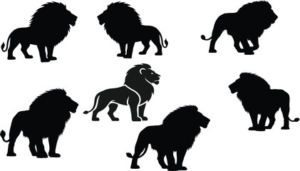 Majestic Lion Silhouettes Vector Set, King of the Jungle, Wild Animal, and Safari Graphic Icons Isolated on White.