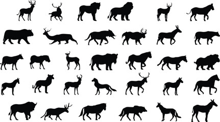 Wild animal silhouettes, vector wildlife collection, deer horse lion bear shapes, buffalo wolf donkey silhouettes, black animal outline design